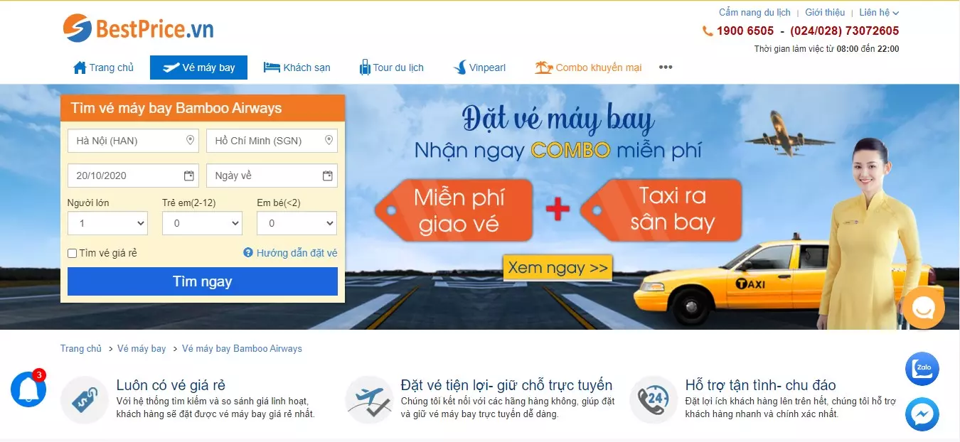 Giao diện đặt vé máy bay Bamboo Airways tại bestprice.vn