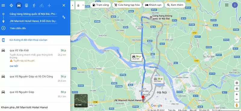 Di chuyển từ sân bay Nội Bài đến khách sạn JW Marriott Hà Nội