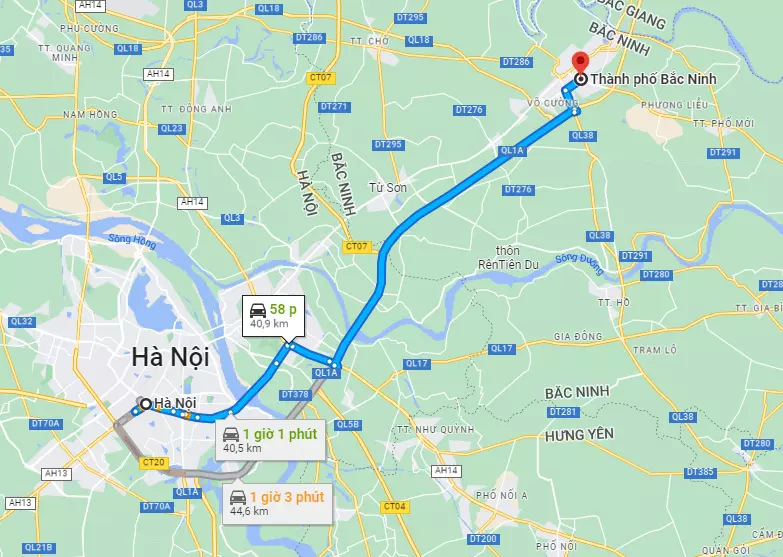 Khoảng cách từ Hà Nội đến Bắc Ninh theo Google Maps