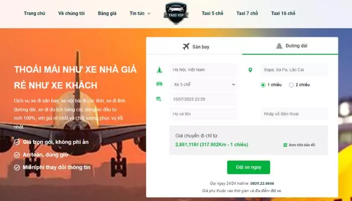 Đặt xe qua website hoặc gọi số hotline