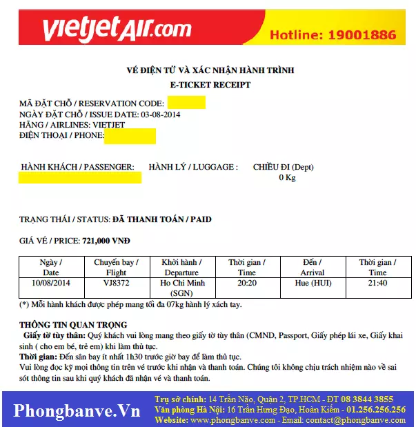 Vé điện tử của Vietjetair