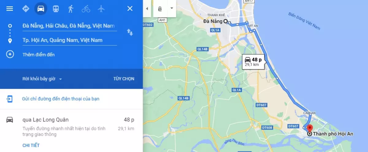 Khoảng cách từ Đà Nẵng tới Hội An