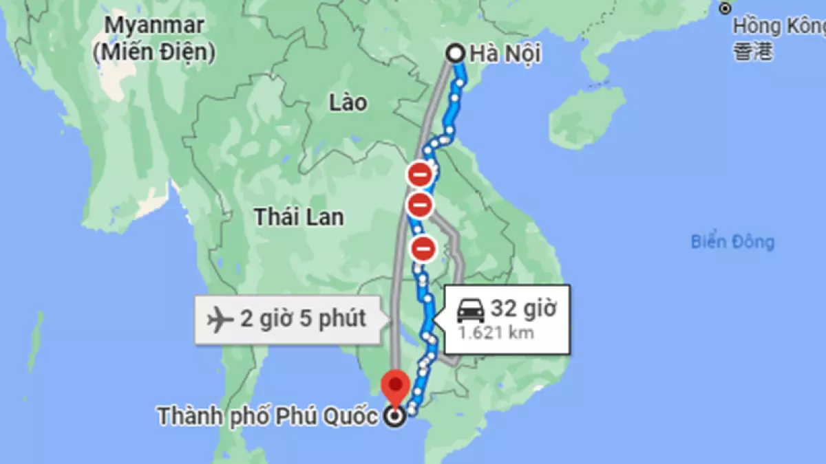 Khoảng cách từ Hà Nội đến Phú Quốc là 1.621km