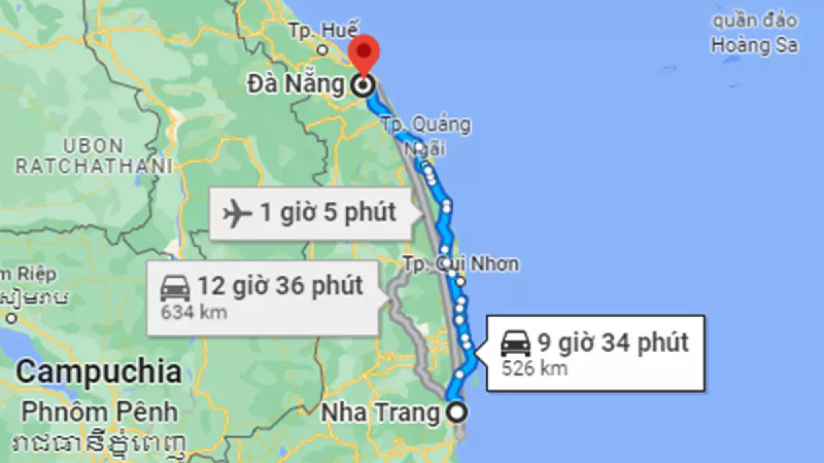 Khoảng cách từ Nha Trang Đà Nẵng bằng đường bộ khoảng 526 km