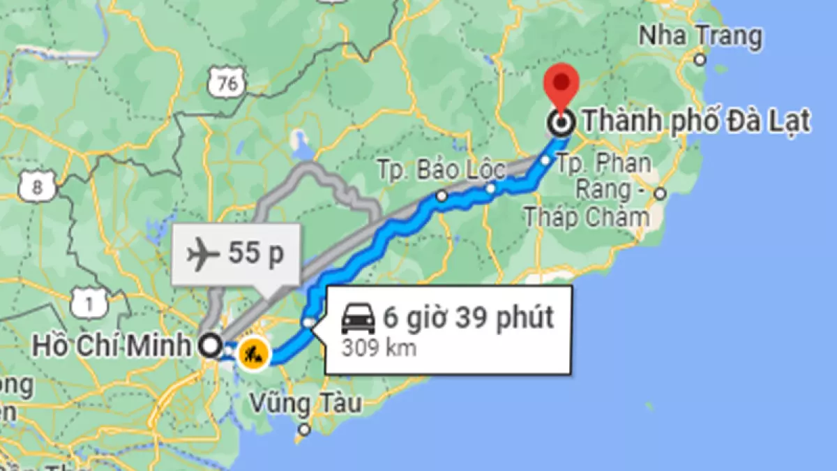 Khoảng cách từ Sài Gòn đến Đà Lạt bằng đường bộ khoảng 309km