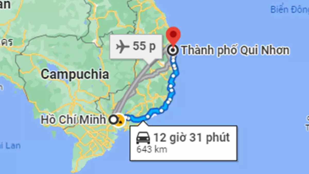 Khoảng cách từ Sài Gòn đến Quy Nhơn bằng đường bộ khoảng 643 km