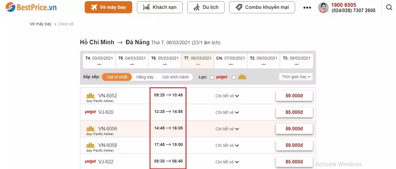 Thời gian bay từ Hồ Chí Minh tới Đà Nẵng tra cứu tại bestprice.vn
