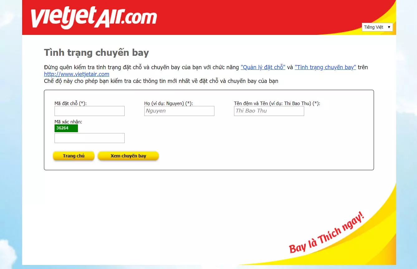 Điền thông tin để tra cứu tình trạng vé máy bay