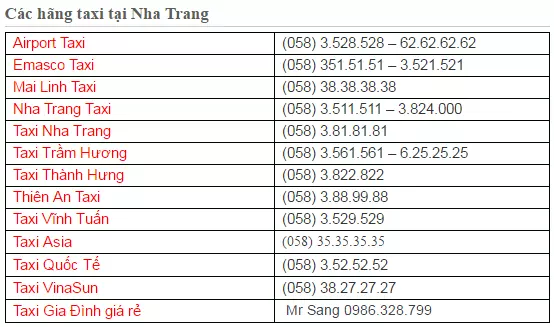 Các hãng taxi tại Nha Trang