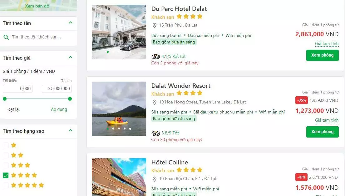 Chọn tìm theo hạng 4 sao cho khách sạn Đà Lạt tại Gotadi.com