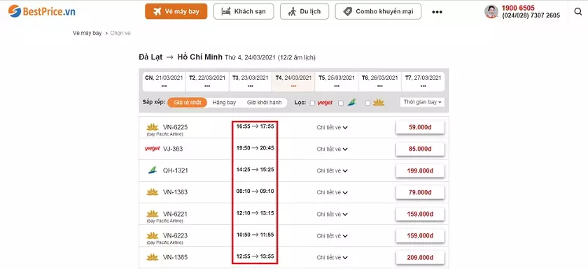 Thời gian bay Đà Lạt đi Hồ Chí Minh trên website BestPrice