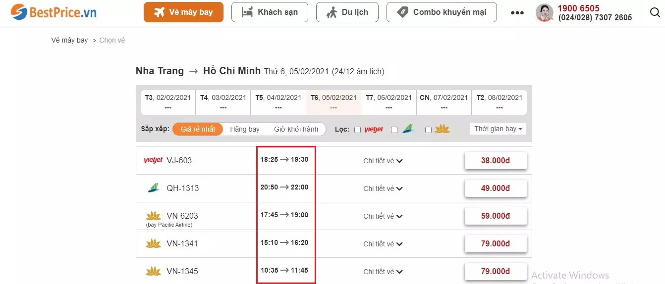 Thời gian bay từ Nha Trang tới Hồ Chí Minh tại website bestprice.vn