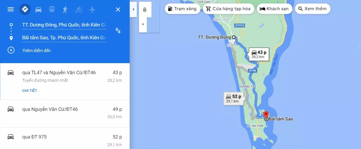 Bản đồ di chuyển đến Bãi Sao