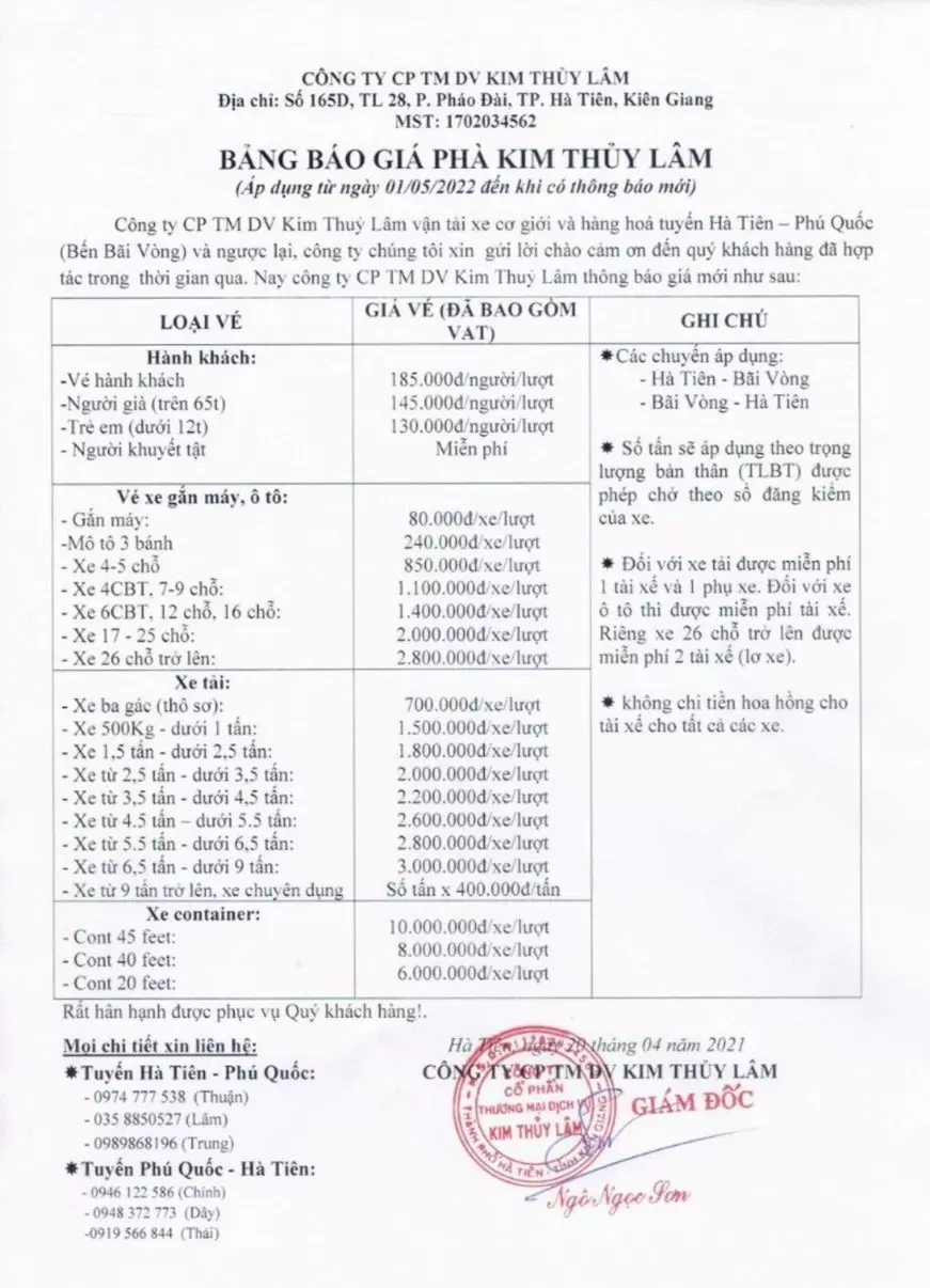 Lịch chạy & Giá vé tàu, phà Hà Tiên-Phú Quốc