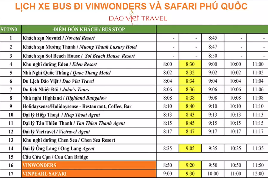 Lịch trình xe bus đón tiễn khách đi Vinwonders và Vinpearl Safari.