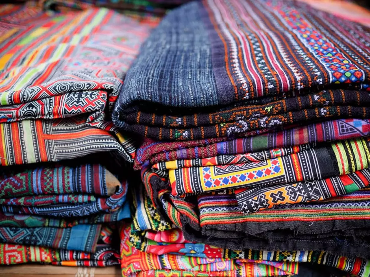 Traditional textiles for sale at Bac Ha Market in Vietnam.