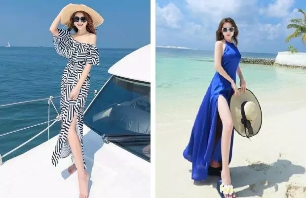 trang phục du lịch Nha Trang - Đầm maxi xẻ tà