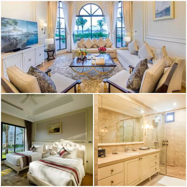 Vinpearl Resort & Spa Đà Nẵng mang phong cách thiết kế tân cổ điển đẹp đẹp sang trọng với nội thất cao cấp và sử dụng tông màu trắng kem chủ đạo.