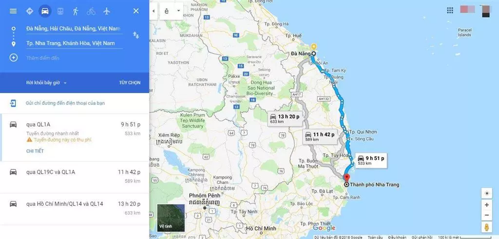 Bản đồ khoảng cách giữa Nha Trang và Đà Nẵng