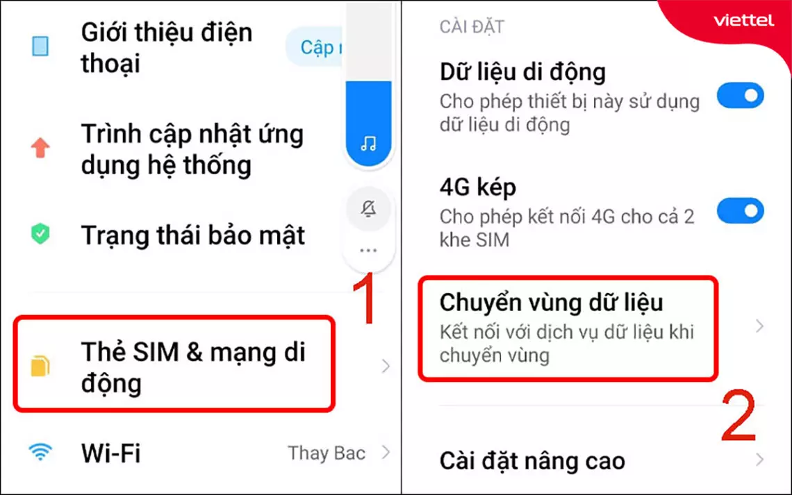 Vào mục Thẻ SIM & mạng di động rồi chọn Chuyển vùng dữ liệu