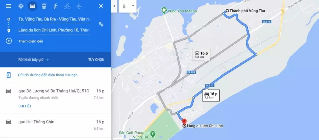 Đường đi đến khu du lịch Chí Linh Vũng Tàu trên Google maps