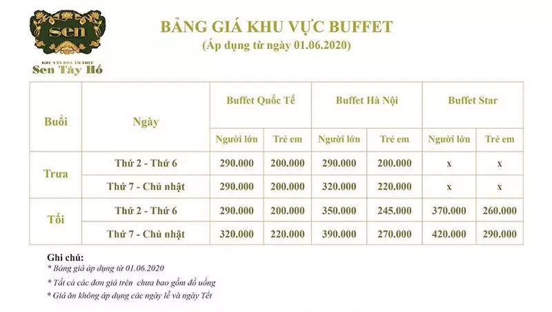 Bảng giá vé Buffet nhà hàng Sen Tây Hồ