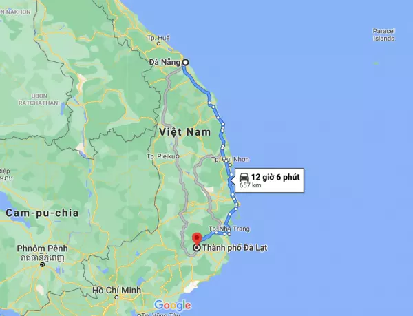 Khoảng cách từ thành phố Đà Nẵng đến Đà Lạt theo Google Maps là 657km